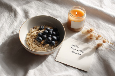 bowl of oatmeal with blueberries and candle with card that says healing from eating disorder