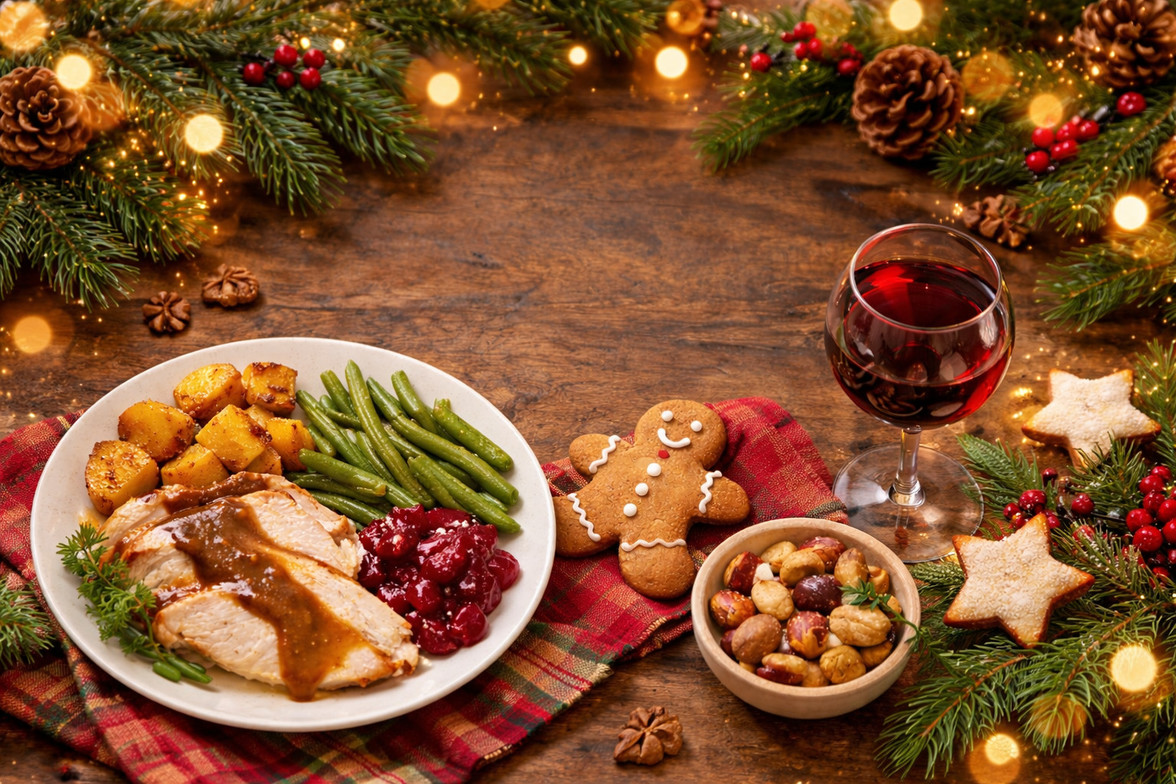 holiday photo of turkey dinner, wine and gingerbread man cookies